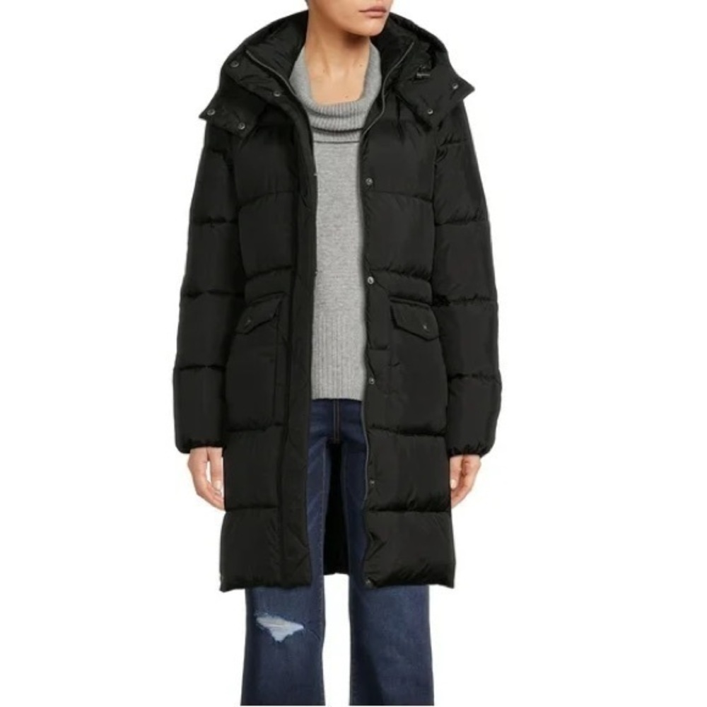 BCBG Paris Women's Long Puffer Coat with removable Hood Large